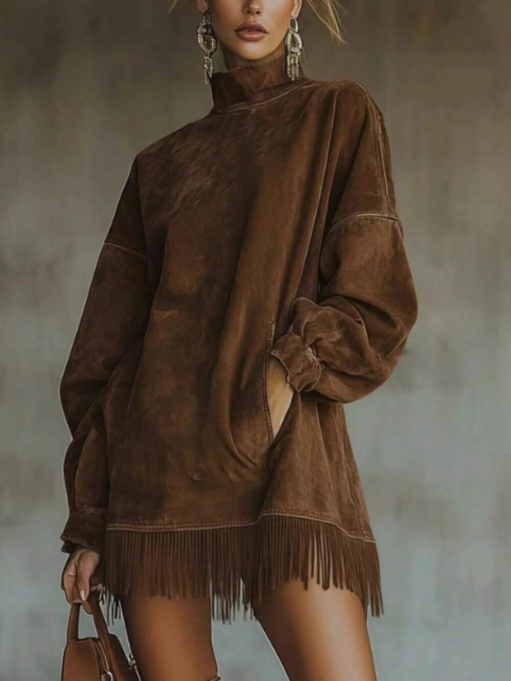Fringed Mock Neck Tunic Sweatshirt Dress Brown M
